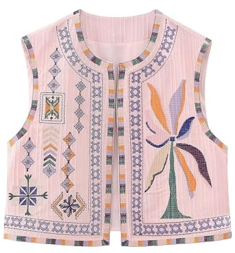 Alaurbeauty Gilet vintage pour femme - Broderie florale - Sans manches - Style bohème - Décontracté - Ouvert sur le devant - Veste Y2k - Gilet à fleurs streetwear, Rose, L
