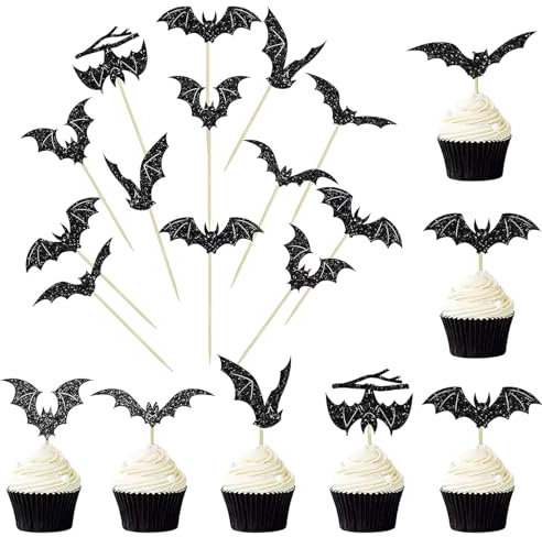 Halloween-Fledermaus-Cupcake-Topper, 24 Stück, schwarz, glitzernd, Fledermaus-Kuchenflaggen, Dekorationen für Halloween, Motto-Party, Kuchenzubehör