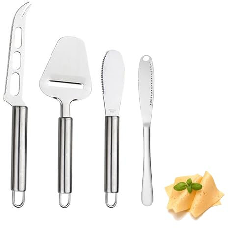 CPRNQY 4 Stück Käsehobel-Set, Käsemesser, Käseschneider mit Rundem Griff, Weichkäsespattel, Weichkäse, Schokolade, Pizza, Marmelade, Kuchenkäsemesser-Set