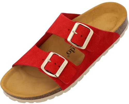 Palado Pantoletten Damen Korfu Suede Premium Leather - bequeme Sandalen Made in Spain - Hausschuhe mit Kork-Fußbett - modische Sommerschuhe Rot UK9 - EU42
