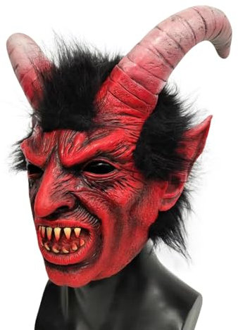 Perchten Maske,Lucifer Maske mit Hörnern Gruseliger Krampus Masken - Atmungsaktiver Naturlatex Dämon Ziege Kopfbedeckung Karneval & Halloween Cosplay Kostüm Requisiten Horror-Events & Themenpartys