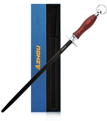 Azhou 12 Inch Superfine Sharpening Steel for Knives, HRC 66±1 German Carbon Steel Knife Sharpener with Oxidation-Treated, Knife Sharpening Rod with Wooden Handle, Professional Honer Rod
