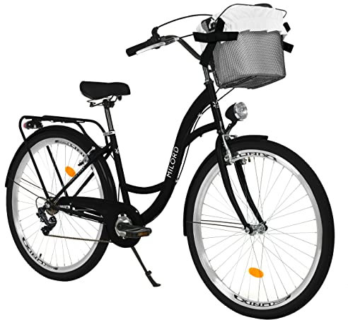 MILORD Damenfahrrad Citybike Komfort Mit Metallkorb Hollandrad Vintage Fahrrad, 26, 28 Zoll, 7-Gang (Schwarz, 26 Zoll)