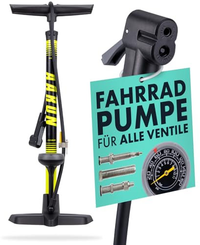 AARON Sport One Fahrrad Standpumpe mit Manometer für alle Ventile | Hochdruck Fahrradpumpe inkl. Ball Aufsatz | Luftpumpe für E-Bike, Mountainbike, Rennrad UVM. Gelb