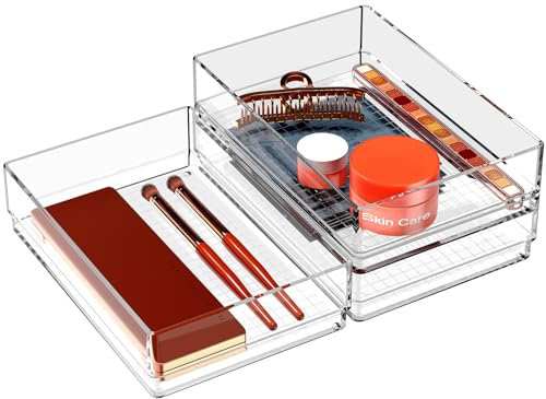3 PCS Stackable Clear Drawer Organiser, Vanity Drawer Organiser Trays, Acrylic Bathroom Drawer Storage Containers for Cosmetic, Office Supply, Kitchen Utensils Gadgets