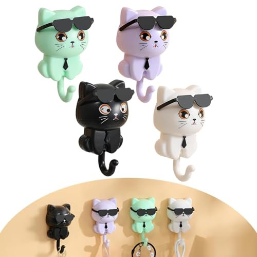 LINYIJOY 4 Stück Schlüsselhaken, Selbstklebende Kleiderhaken Niedliche Cartoon Katze Schlüsselhaken, Selbstklebende Wandhaken Kreativ Niedliche Wandhaken Cat Key Hook für Kleidung Schlüssel Schmuck