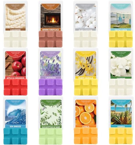 SCENTORINI Duftwachs für Duftlampe, 12 Düfte, Raumduft, Sojawachs Wax Melt, Geschenk Duftwachswürfel, für Kerzen Wärmer, Weihnach, Baumwolle, Leinen, Zitrus, Apfel Zimt, Kaschmir, Tahiti-Vanille