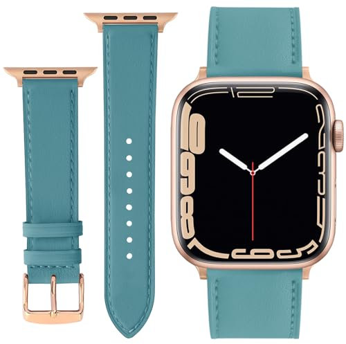 ONET8O Leather Strap Compatible with Apple Watch 38mm 40mm 41mm Replacement Genuine Leather Bands for iWatch Series Women and Men Watch Wristband (38mm 40mm 41mm) Lake Blue