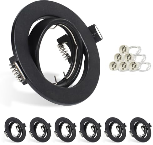 HiBay 6er Set Einbaurahmen GU10 Einbaustrahler LED Schwarz Matt Rund Deckenspots 68-85mm Inkl. GU10 Fassung für LED oder Halogen Leuchtmittel
