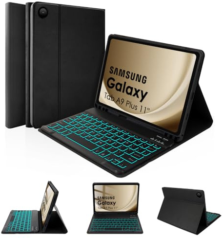 LAMA Funda con teclado retroiluminado para Galaxy Tab A9+/A9 Plus 2023 de 11 pulgadas (SM-X210/X215/X216), teclado Bluetooth con soporte para bolígrafo para Samsung Tab A9+, color negro