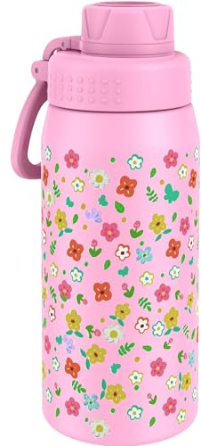 GOPPUS 550ml/19oz Kids Insulated Water Bottle with Screw Lid (No Straw) Stainless Steel Toddler Bottle School Flask Girls Boys Drinks Cup with Handle & Leakproof & Keep Drinks Cold (Pink Flower)