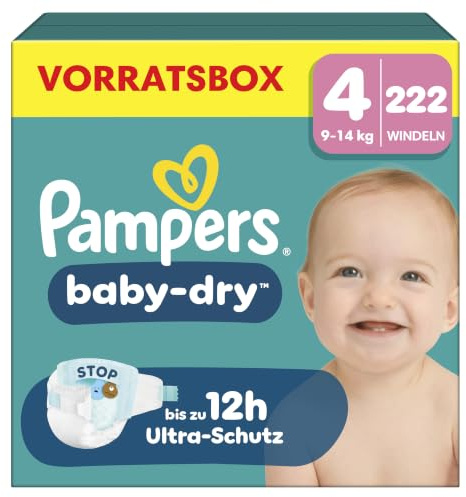 Pampers Baby-Dry Größe 4, 222 Windeln, 9kg-14kg | Bis zu 100% Auslaufschutz & Komfort die ganze Nacht