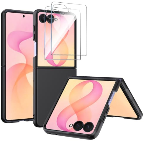 WFTE Fodral för Samsung Galaxy Z Flip 8/Flip8 5G med 2 skärmskydd i härdat glas - stötsäkert fodral, repbeständigt, ultratunt, hårt PC-skyddsfodral för Samsung Flip 8, svart
