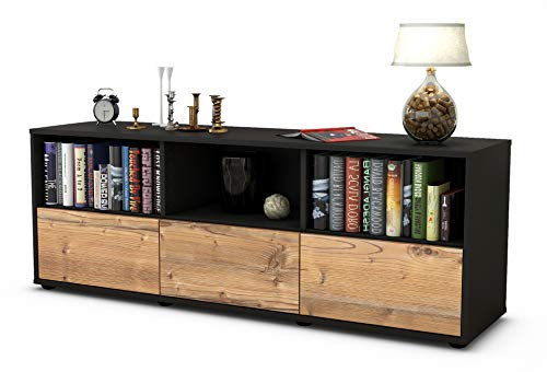 Stil.Zeit TV Schrank Lowboard Amalia, Korpus anthrazit matt, Front Holz Design Pinie (135x49x35cm), Push to Open Technik & Leichtlaufschienen