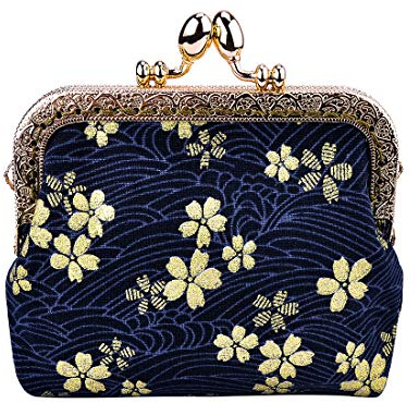 Oyachic Floral Porte Monnaie Flower Coin Purse Portefeuille Fermoir Clic Clac Vintage Femme Pochette pour Carte, Cosmétique, Clés,Pièces(Bleu Marin)