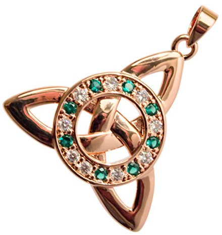 GWG Jewellery 18K Rose Gold Coated Celtic Trinity Knot and Circle Paved with Emerald Green Stones Pendant Necklace in Gift Box for Women