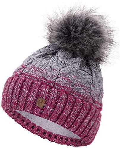 Faera Wintermütze Mütze Damen warm gefüttert mit Kunstfell Bommel-Mütze Fleecefutter Winter Strickmütze Beanie, Farbe:Lila