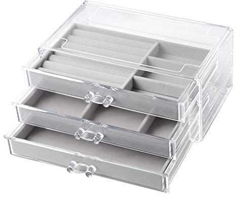 EXLECO Schmuckkästchen mit 3 Schubladen für Damen Aufnehmbare Tabletts Schmuckaufbewahrung Acryl Transparent Schmuckbox Schmuckschatulle Schmuckschublade für Ring Ohrring Halskette Uhr für Damen