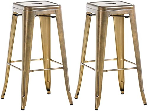 CLP Lot De 2 Tabourets De Bar Joshua V2 Métal I Chaise Haute Design sans Dossier | Tabouret Empilable 4 Pieds Repose-Pieds | Style Industriel | Couleur Or