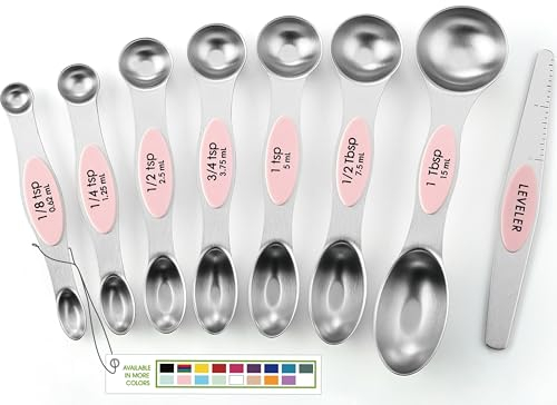 Spring Chef Stainless Steel Magnetic Measuring Spoons Set of 8 with Leveler, Dual Sided Teaspoon & Tablespoon Measuring Spoons with Strong Magnets, Kitchen Gadgets for Baking & Cooking - Pink Lemonade