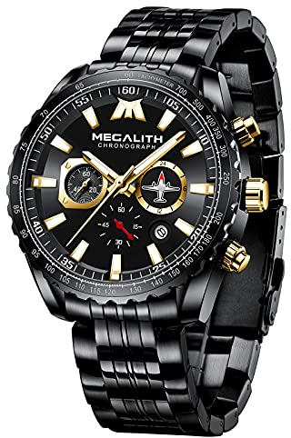 MEGALITH Armbanduhr Herren Edelstahl Chronograph: Schwarz Uhren Herren Große mit Datum - Wasserdicht Quarz Uhr fur Männer Mode Casual