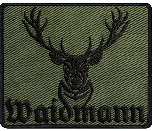 Jäger Aufnäher Hirsch Patch WAIDMANN Förster Abzeichen Forst Bügelbild Jagd Geschenk für Jäger/Förster Hirsch Applikation für Hut/Lederjacke/Weste/Jeans | 90x75mm