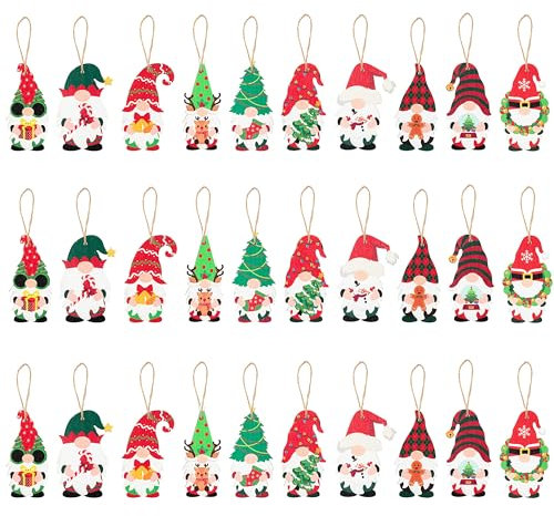 Haooryx 31-teiliges Weihnachtszwerg-Holz-Hänge-Dekorationenset handgefertigter Weihnachtsbaumschmuck mit 30 verschiedenen Hanfseil die Weihnachtspartydeko dein festliches Weihnachtsbaum-Party-Deko
