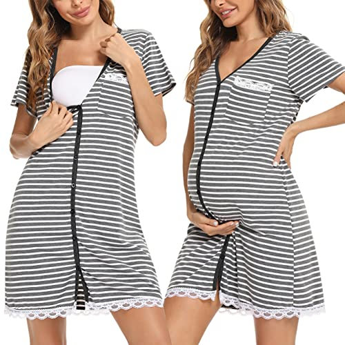 Uniexcosm Chemise Nuit Allaitement Maternité Coton Robe de Nuit Femme Enceinte Col en V Manches Courtes Devant Ouvert Chemise de Nuit Femme Grossesse A-Rayures Noires et Blanches M
