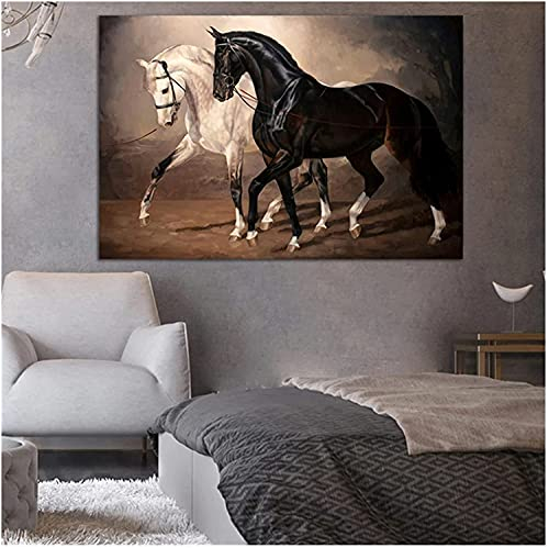 DZCPP-HongYu Leinwand Wandkunst 70x90cm Kein Rahmen Zwei Laufende Pferde Bilder für Wände Drucke und Tiermalerei Schwarz-weißes Pferd Wandkunst Dekore