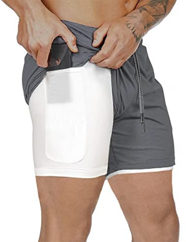 XDSP Shorts Herren 2 in 1 Trainingsshorts Sommer Kurze Hosen Schnelltrocknende Laufshorts, Trainingsshorts Sporthose mit Taschen Kompressionsshorts (Grau, M)