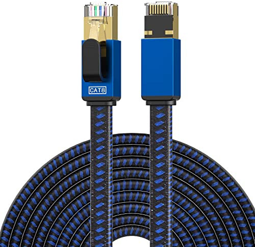 CAT8 Ethernet cable 25M LEKVKM high-speed nylon braided Lan patch cable RJ45 40Gbps shielded flat cable 2000Mhz
