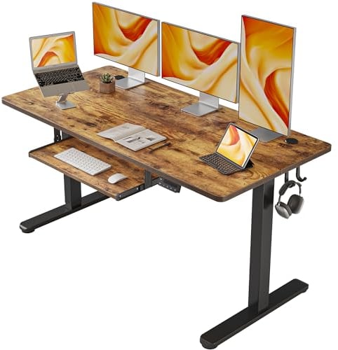 FEZIBO Height Adjustable Electric Standing Desk with Keyboard Tray, 140 x 60 cm Sit Stand up Desk with Splice Board, Black Frame/Rustic Brown Top