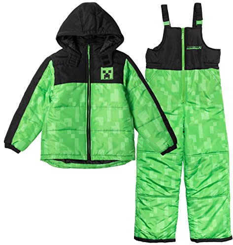 Minecraft Creeper Big Boys Zip Up Puffer Jacket and Snow Bib Ski Pants Green 18-20