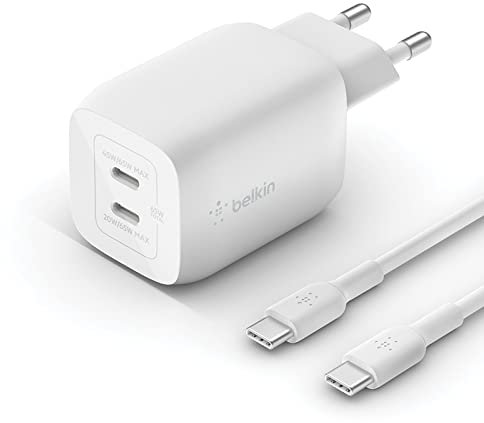 Belkin chargeur secteur double port USB-C 65 W, chargeur rapide Power Delivery 3.0 avec technologie GaN pour iPhone 16, iPhone 15, 14, iPad Pro, MacBook, Galaxy S24, Pixel (câble USB C-C inclus)