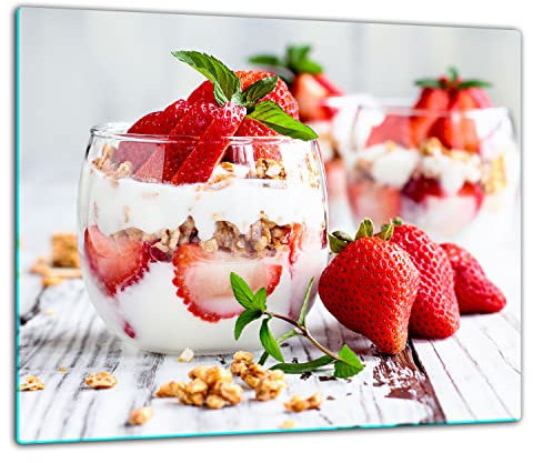 TMK | Herdabdeckplatte 60x52 Einteilig Glas Elektroherd Induktion Herdschutz Spritzschutz Glasplatte Deko Schneidebrett Erdbeeren