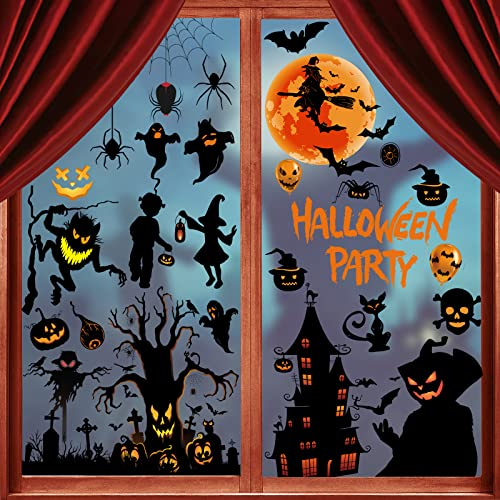 Halloween Fenêtre Autocollants, Autocollant Électrostatique Amovible pour Fenêtre d'Halloween, Halloween Citrouille Chat Chauve - Souris Magicien Ghost DIY Stickers pour Home Fête Fenêtre Décorations