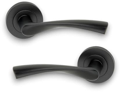 Infinity Decor Pair of Twisted Lever Latch Door Handles on Round Rose Set Matt Black Interior Pull Handles – Ideal for Residential and Office use