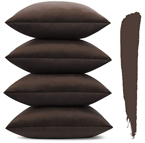 Sungeek 4er Set Samt Kissenbezüge 45x45 cm, Dekorativ Zierkissenbezüge Weich Kissenbezug Dekokissen Sofakissen Couchkissen Deko Bezug Kissenhülle für Sofa Schlafzimmer Wohnzimmer (Schokolade)