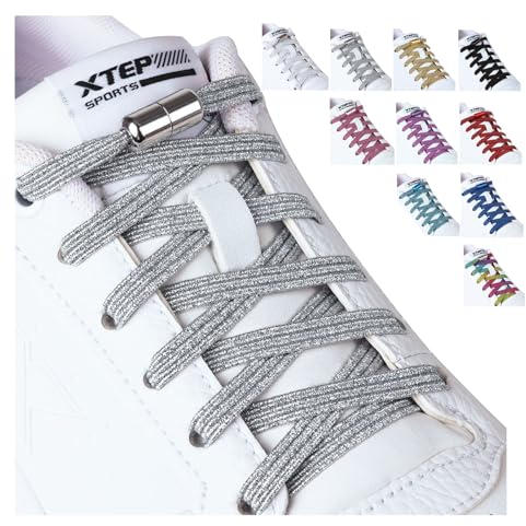 Olukssck 2 Pares Cordones Elasticos Zapatillas Deporte para Niños y Adultos, Cordones Elasticos 6 mm de Ancho Sin Nudos con Hebilla Metal, No es Necesario Atar Cordones de Zapatos, 110cm, Plata