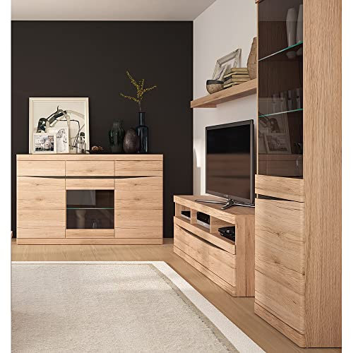 Lomadox Wohnwand TV Wand Mediawand Schrankwand Lowboard Wandboard Vitrine Sideboard Beleuchtung Glasboden in Eiche Nb. Wenge grifflos