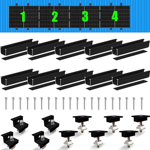 Warmfay Solarmodul Halterung Montageset, Schwarzes 12CM Aluprofil und Verstellbare Klammern Befestigung für Solarmodul, Solarpanel Halterung 4 Modul 30-35MM für Flachdach Trapezblech Blechdach