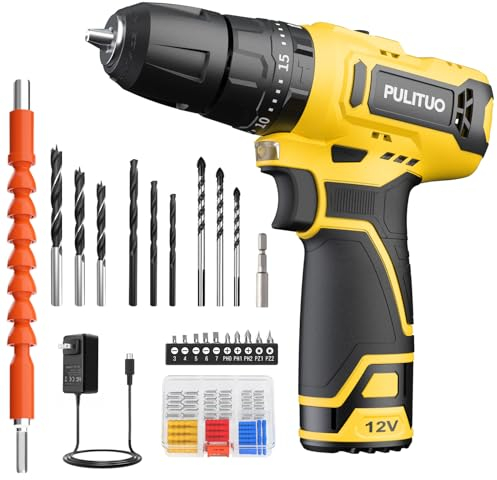 Cordless Impact Drill 12 V, PULITUO Impact Drill Set, Cordless Screwdriver with 3/8 Metal Chuck, 21 + 1 + 1 Torque Levels, 1500 mAh Battery with LED Light, 35 N.m Maximum Torque