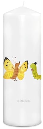 Mr. & Mrs. Panda Stumpenkerze Raupe Schmetterling 29 x 8 cm XL - Geschenk, Lustige Sprüche, Weihnachtskerze, Kommunionskerze, Entwicklung, Kokon, Osterkerze, Geburtstagskerze, Hochzeitskerze, Hut