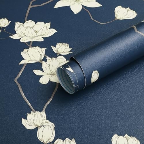 Fiula 44CMx3M Selbstklebende Tapete Blumen Klebefolie Wasserdicht DIY Blumentapete Klebetapete Möbelfolie Vinyl Wrap Wandtapete Dekorfolie Wohnzimmer Schlafzimmer Marineblau Beige Vintage Wallpaper