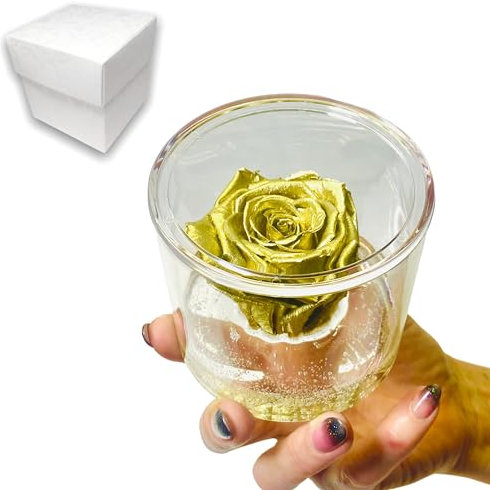 Premium-rose.com Box Tondo con Rosa Oro stabilizzata Profumata, in plexiglass da 9cm con Rosa Oro Vera Eterna | Idea Regalo Nozze, Matrimonio, Anniversario 50 Anni, | Fatto in Italia (Oro 1401)