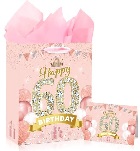 Yoirrat Rose Gold 60th Birthday Gift Bag for Women - Large Pink With Card and Wrapping Paper for Christmas Decorations Party Supplies