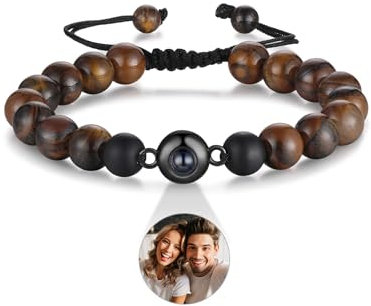ALBERTBAND Tigerauge Perlen Armband mit Personalisiertem Foto und Projektion für Ihn Partner Paar - Geschenke für Geburtstage, Valentinstag, Weihnachten (#3)