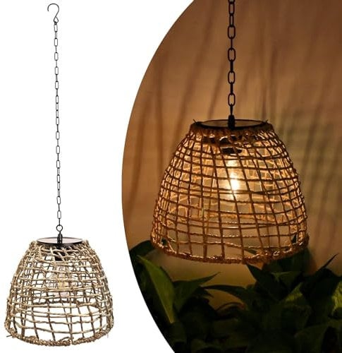Außen Hängelampe Solar Laterne IP44 Wasserdicht Garten Solarlampe Boho Rattan Lampenschirm Pendelleuchte Hängeleuchte mit LED Glühbirne Gartenleuchten für Patio Terrasse Balkon Hof Pavillon Deko