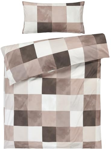 Pure Label Karierte Bettwäsche 135x200 cm mit einem Kissenbezug 80x80 cm - Traumhaft weiches Bettwäsche-Sets 135 x 200 cm in braun aus 100% Baumwolle mit YKK Reißverschluss