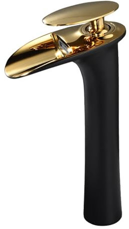 Robinet Vasque Cascade Haute Robinet Salle de Bain Haut a Poignée Unique Chaud et Froid pour Evier Monotrou,noir + Or